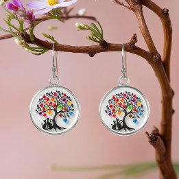 Boucles D'oreilles arbre de vie couple chats cœur bijou pierres pomme