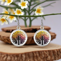 Boucles D'oreilles arbre de vie moderne hologramme jaune orange noir
