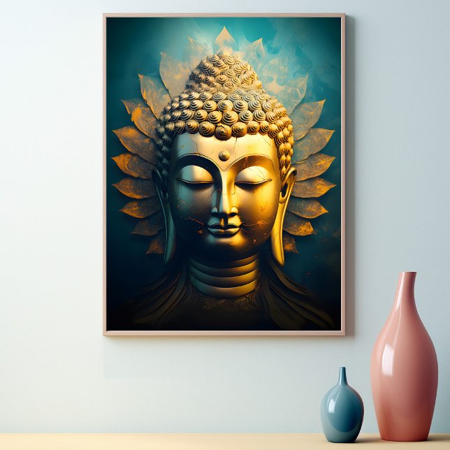 Bouddha Paisible Visage Or Art Antique Poster (Peaceful Buddha Face Gold Art Antique Poster)