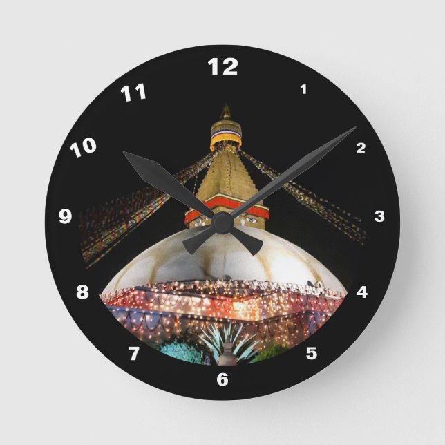 Boudhanath Stupa bei Nacht & Kathmandu /Nepal Runde Wanduhr (Vorderseite)
