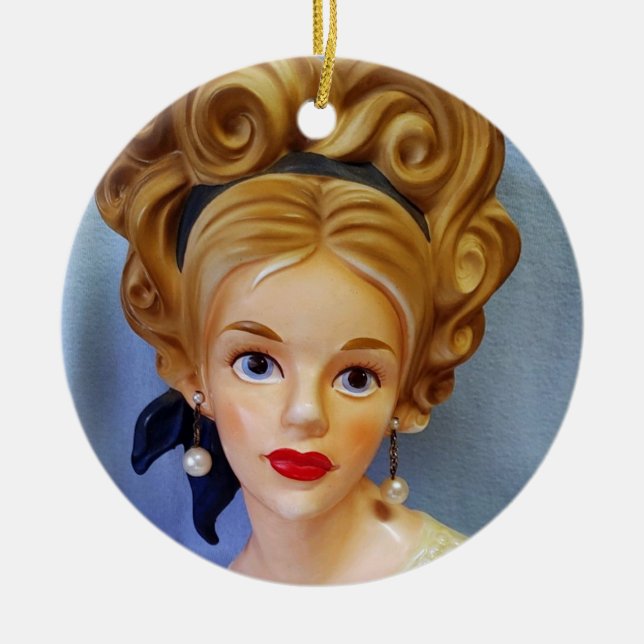 Bouffant Hair Lady Head Vase Big Blue Eyes Keramik Ornament (Vorne)