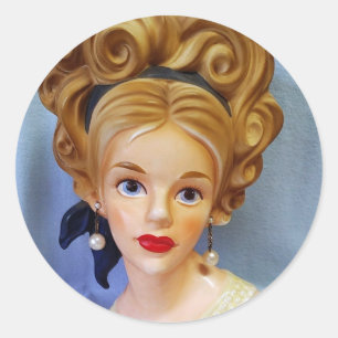 Bouffant Hair Lady Head Vase Big Blue Eyes Runder Aufkleber