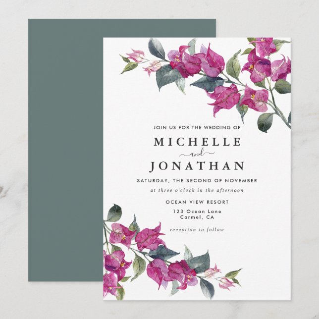 Bougainvillea Burgundy Pink Floral Wedding Einladung (Vorne/Hinten)