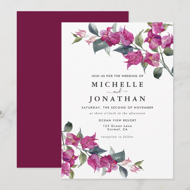 Bougainvillea Burgundy Pink Floral Wedding Einladung (Vorne/Hinten)