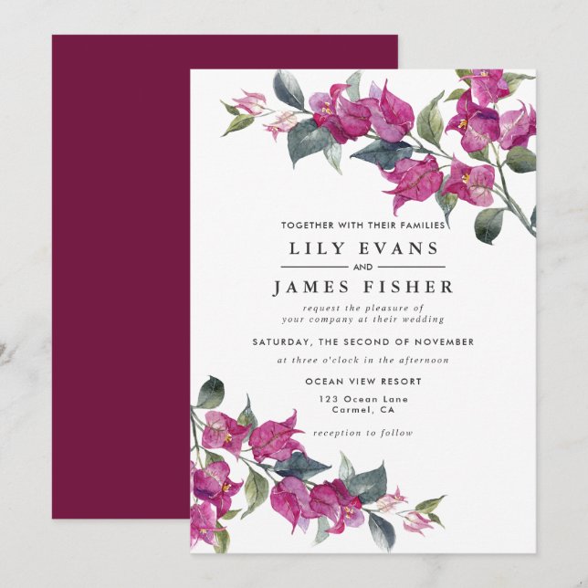 Bougainvillea Burgundy Pink Floral Wedding Einladung (Vorne/Hinten)