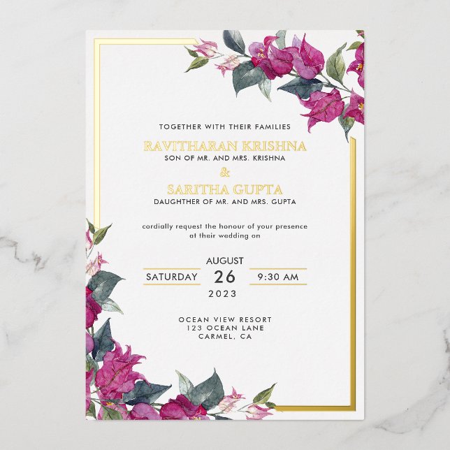 Bougainvillea Burgundy Pink Floral Wedding Folieneinladung (Vorderseite)