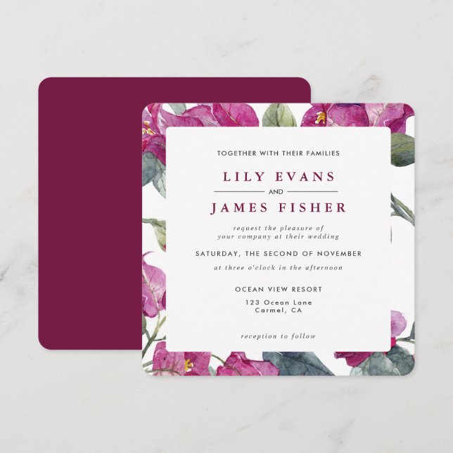 Bougainvillea Burgundy Pink Green Floral Wedding I Einladung (Vorne/Hinten)
