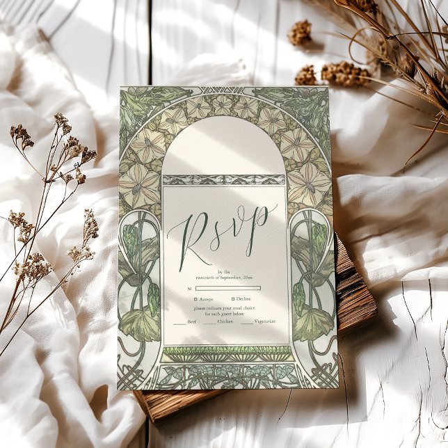 Bougainvillea Green Art Nouveau Mucha Wedding RSVP Karte (Von Creator hochgeladen)