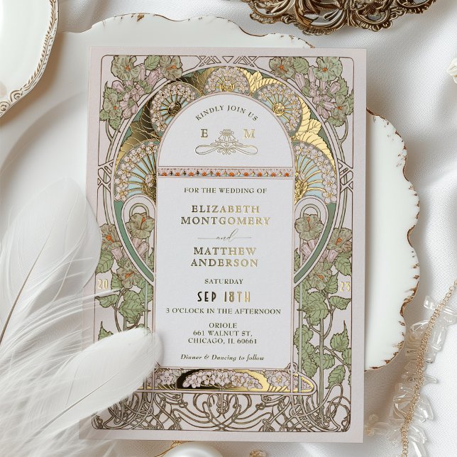 Bougainvillea Green Gold Wedding Art Nouveau Mucha Folieneinladung (Von Creator hochgeladen)