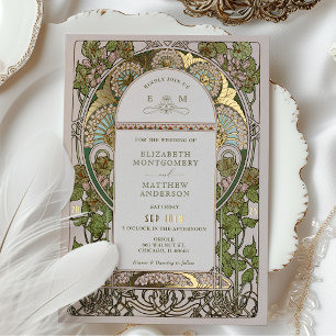 Bougainvillea Grün Gold Hochzeit Art Nouveau Mucha Folieneinladung