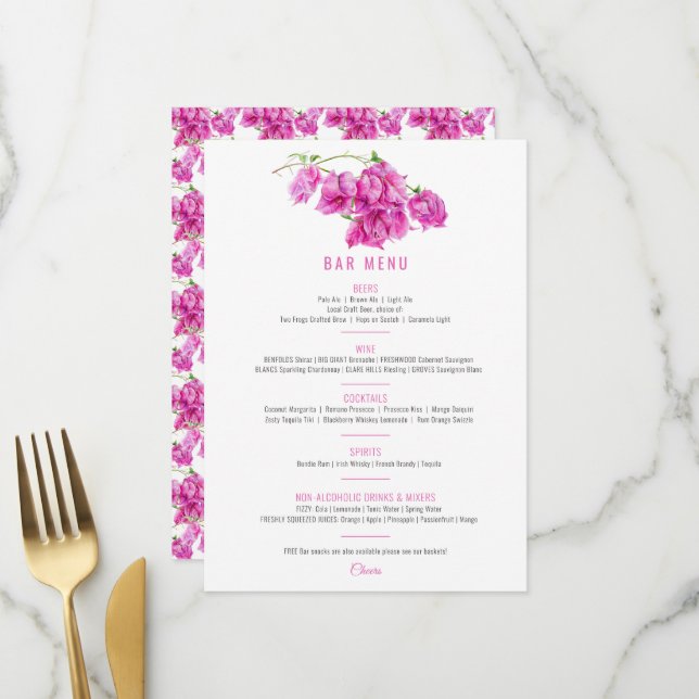 Bougainvillea lila Hochzeit in Aquarellfarben Bar Menükarte (Vorderseite/Rückseite Beispiel)