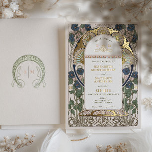 Bougainvillea Navy Blau Gold Hochzeit Art Nouveau Folieneinladung