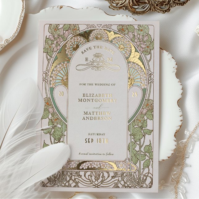 Bougainvillea Save the Date Green Gold Art Nouveau Folieneinladung (Von Creator hochgeladen)