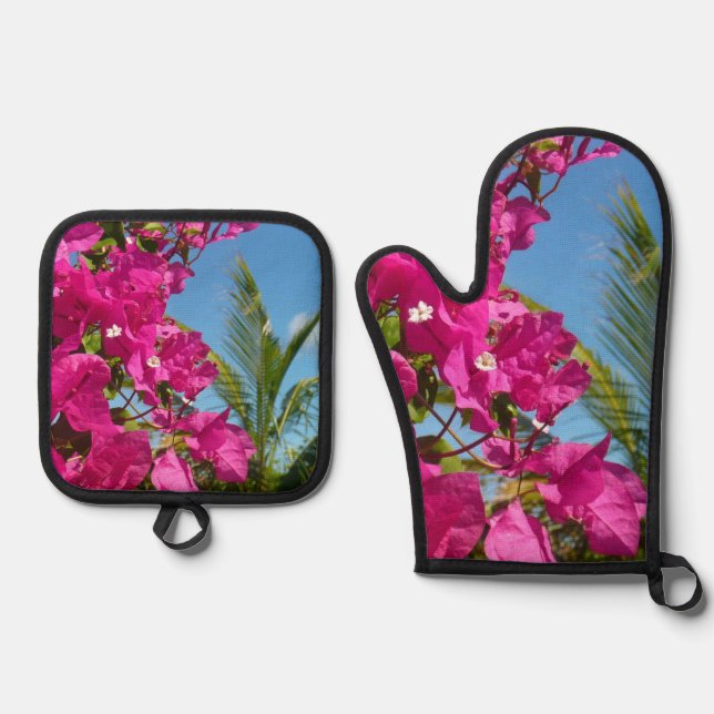 Bougainvillea und Palmen Tropische Natur Ofenhandschuh & Topflappen-Set (Vorderseite)