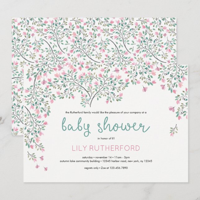 Bougainvillea Watercolor Babydusche Einladung (Vorne/Hinten)