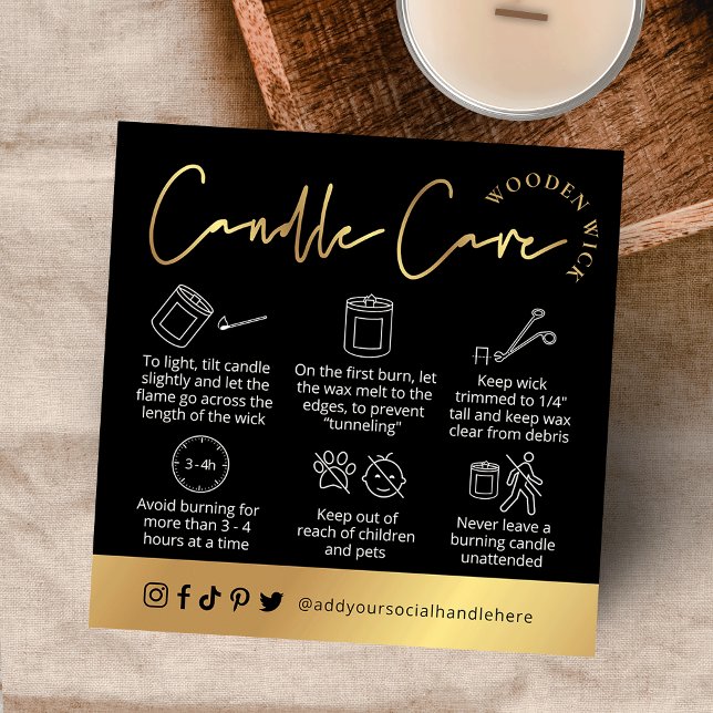 Bougie en bois noir & or Logo carte de sécurité (Black and gold wooden wick candle care cards that will make your candle packaging extra lux)
