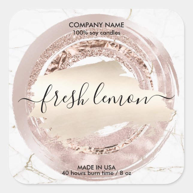 Bougie étiquette moderne blush or rose marbre (Devant)