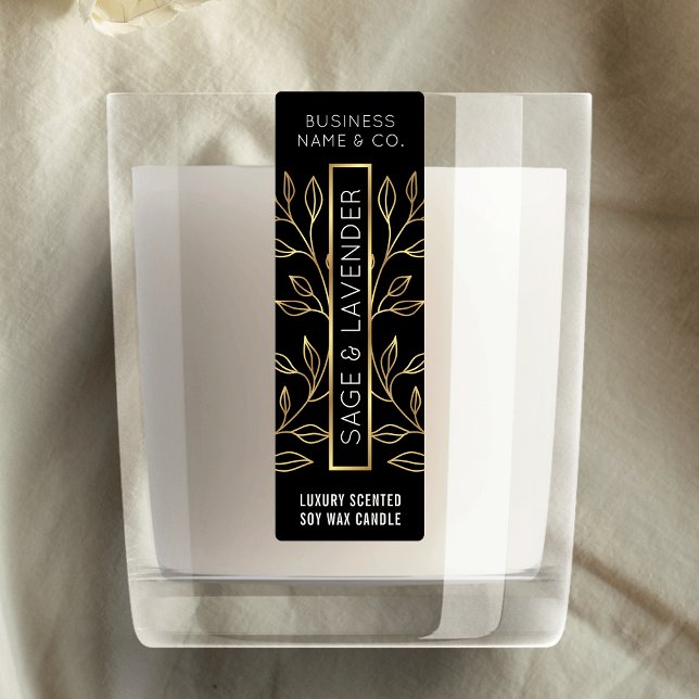 Bougie Florale Noire & Or Étiquette vertical maigr (Elegant black and gold effect skinny vertical candle jar label)