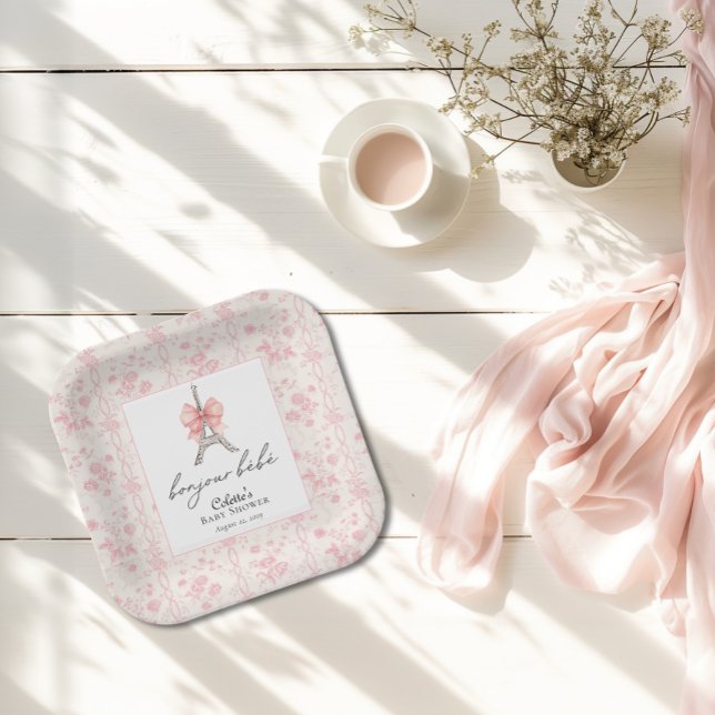 Boujour Bebe Paris French Toile Pink Baby Dusche Pappteller (Bon Jour Bebe Baby Shower  Paper Plate )