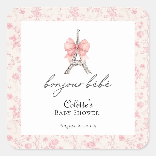 Boujour Bebe Paris French Toile Pink Baby Dusche Quadratischer Aufkleber (Vorderseite)