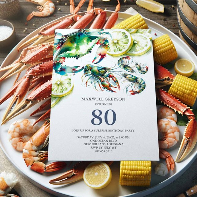 Boule de fruits de mer 80e anniversaire Invitation (80th birthday invitations for a man watercolor seafood boil cajun style crab, shrimp and crawfish)