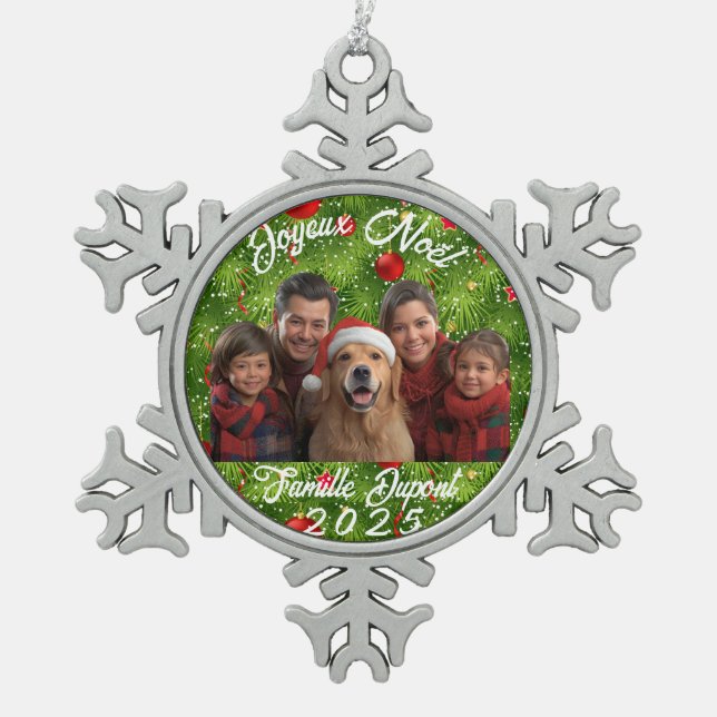 Boule de Noël Photo Famille Personnalisée Schneeflocken Zinn-Ornament (Vorderseite)
