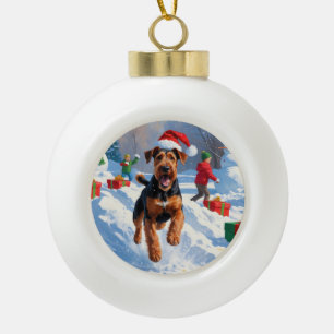 Boule En Céramique Airedale Noël Festive Scène de neige