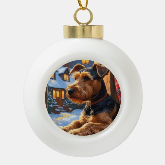 Boule En Céramique Airedale Terrier With Christmas Lights Holiday  (Devant)
