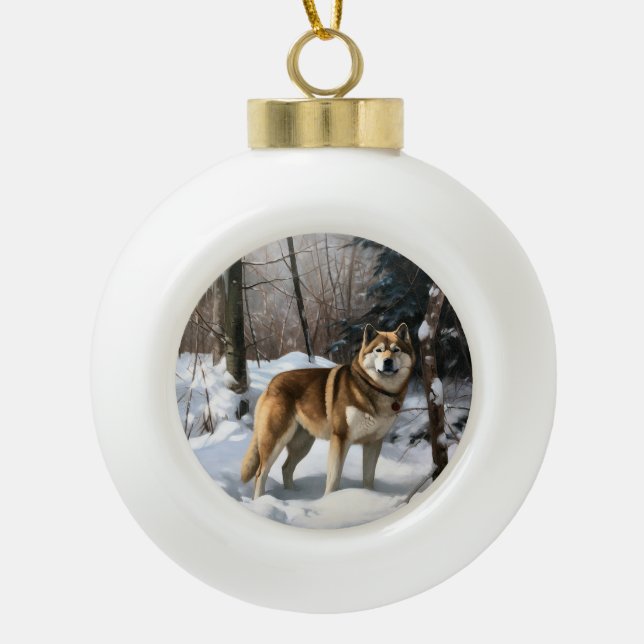 Boule En Céramique Akita Laisser Neige Noël (Devant)