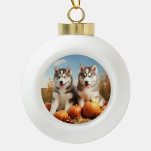 Boule En Céramique Alaskan Malamute Chiot Automne Citrouille délice
