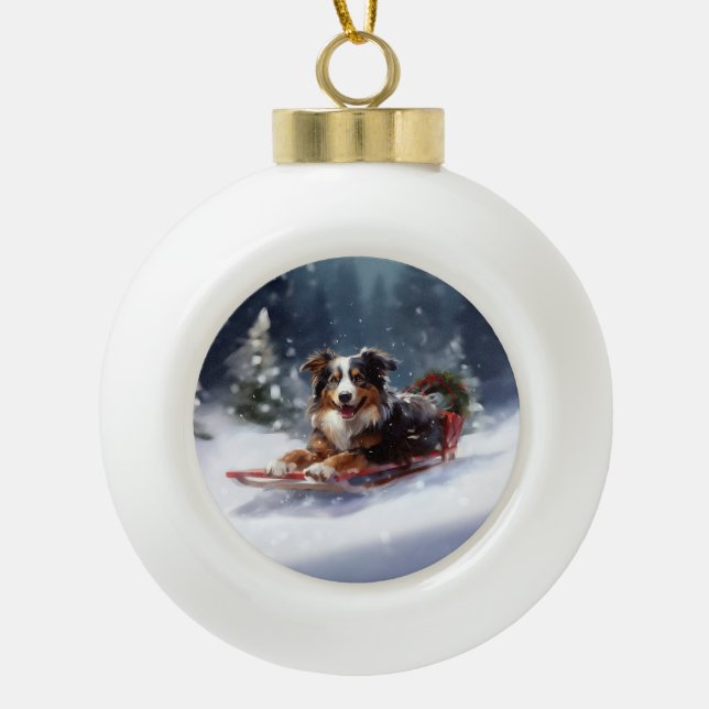 Boule En Céramique Australian Shepherd hiver neige de Noël (Devant)