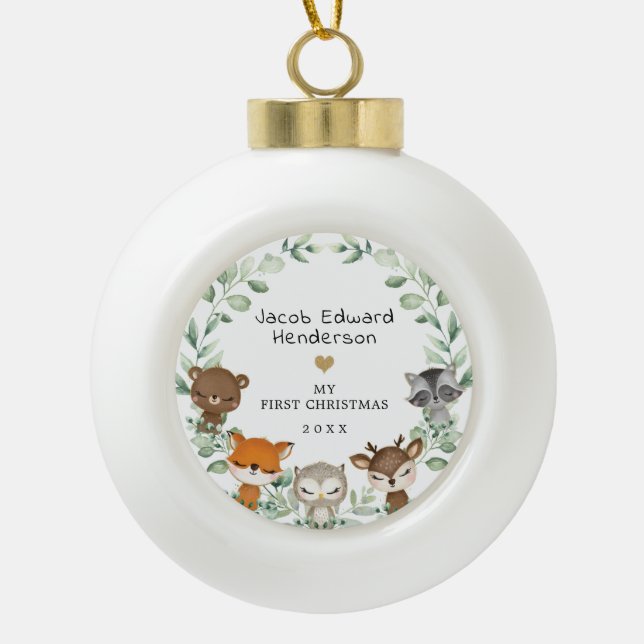 Boule En Céramique Baby Boy First Christmas Forest Végétaux Animaux (Devant)