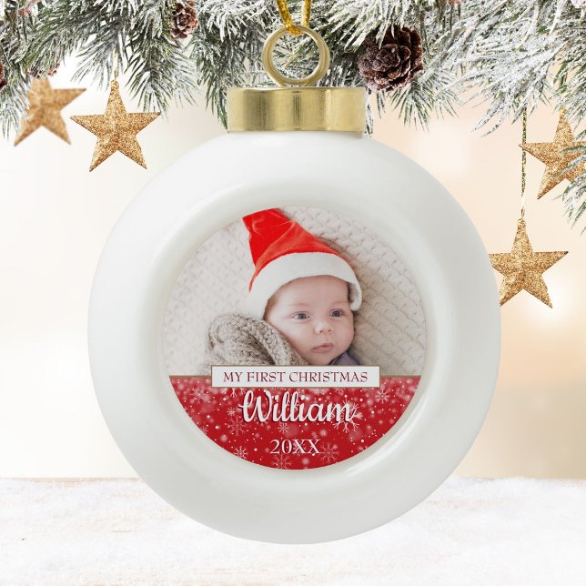 Boule En Céramique Bébé Photo 1er Script de Noël Snowflakes (Baby Photo 1st Christmas Script Snowflakes Ceramic Ball Christmas Ornament)