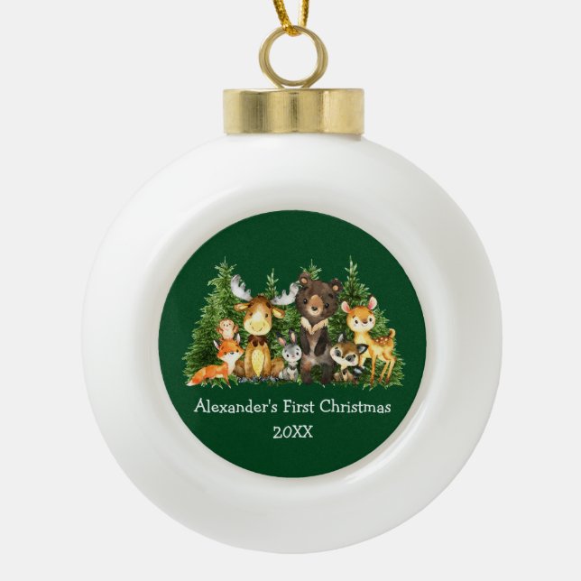 Boule En Céramique Bébé Première forêt de Noël Animaux verts (Devant)