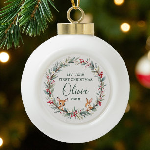 Boule En Céramique Bébé Woodland Premier Noël Personnalisé