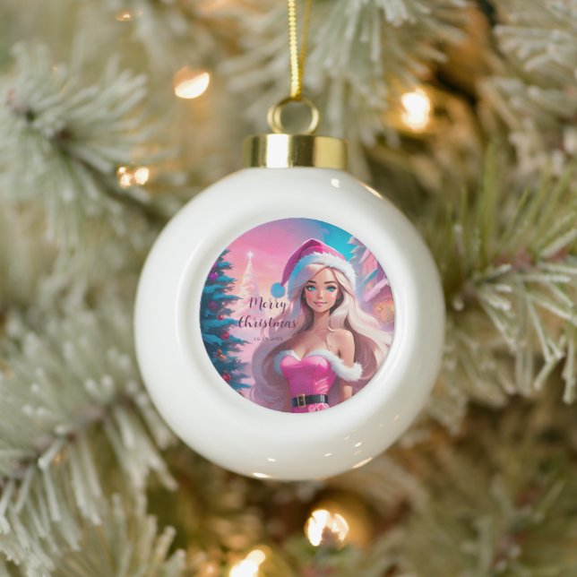 Boule En Céramique Belle fille de Noël rose 01 (Arbre)