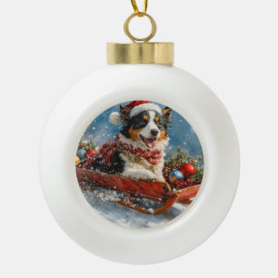 Boule En Céramique Berger Australien en Traîneau Noël