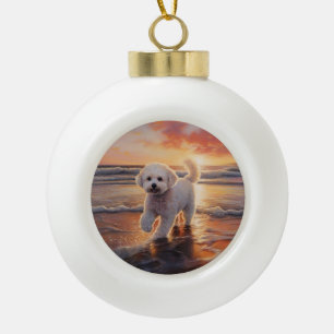 Boule En Céramique Bichon frisé Sandy Paws sur la plage au coucher du
