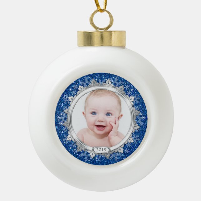 Boule En Céramique Bleu Silver Baby's First Christmas (Noël) Photo (Devant)