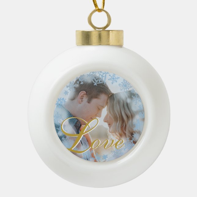 Boule En Céramique Blue Snowflakes Christmas Love Photo personnalisée (Devant)