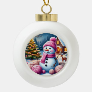 Boule En Céramique Bonhomme de neige joyeux près d'un arbre de Noël d