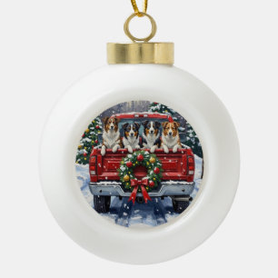 Boule En Céramique Border Collie Noël Camion Rouge Fêtes