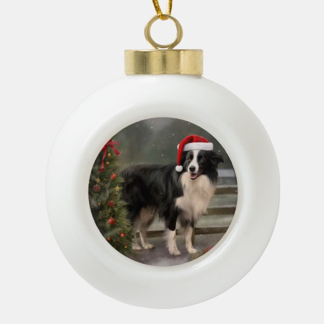 Boule En Céramique Bordure Collie Chien dans neige Noël (Devant)