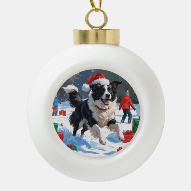 Boule En Céramique Bordure Collie Noël Festive Scène de neige (Devant)