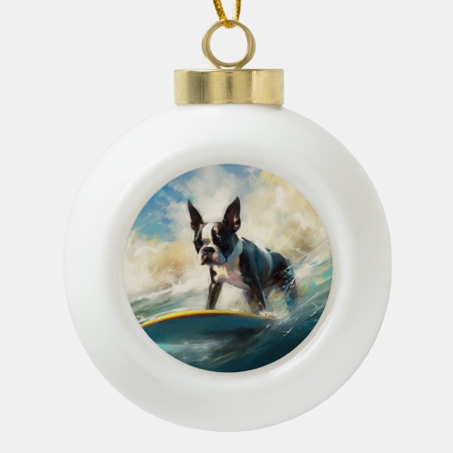 Boule En Céramique Boston Terrier Beach Surfing Peinture (Devant)