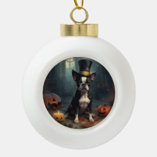 Boule En Céramique Boston Terrier Citrouille Halloween effroi