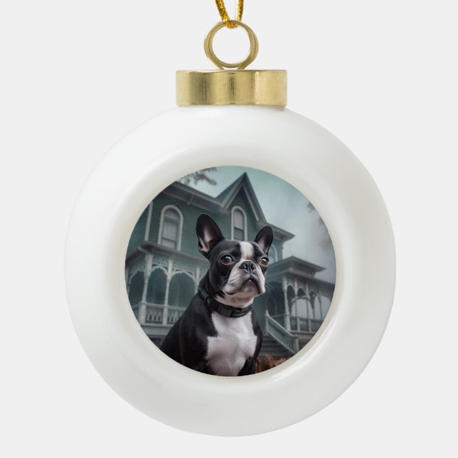 Boule En Céramique Boston Terrier Halloween effrayant (Devant)