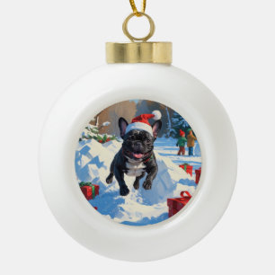 Boule En Céramique Bouledogue français noir scène festive de Noël enn