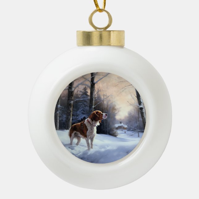 Boule En Céramique Brittany Spaniel Laissez Neige Noël (Devant)