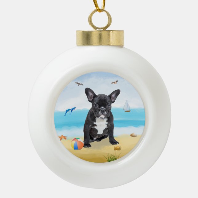 Boule En Céramique bulldog français sur la plage (Devant)